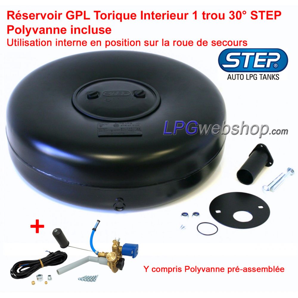 Réservoir GPL Torique 68L (Ø720x225) Interieur STEP 1 trou 30° Polyvanne incluse Réservoir GPL Torique 68L (Ø720x225) Interieur STEP 1 trou 30° Polyvanne incluse