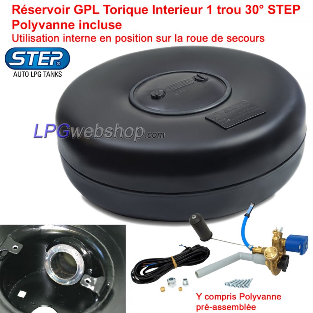 Réservoir GPL Torique 68L (Ø720x225) Interieur STEP 1 trou 30° Polyvanne incluse Réservoir GPL Torique 68L (Ø720x225) Interieur STEP 1 trou 30° Polyvanne incluse