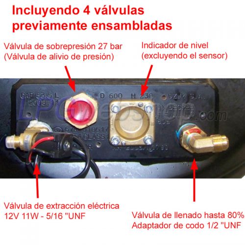 Depósito GLP Cilíndrico de 70 l (Ø300 x 1088) GZWM 4-Agujeros con Válvulas incluidas