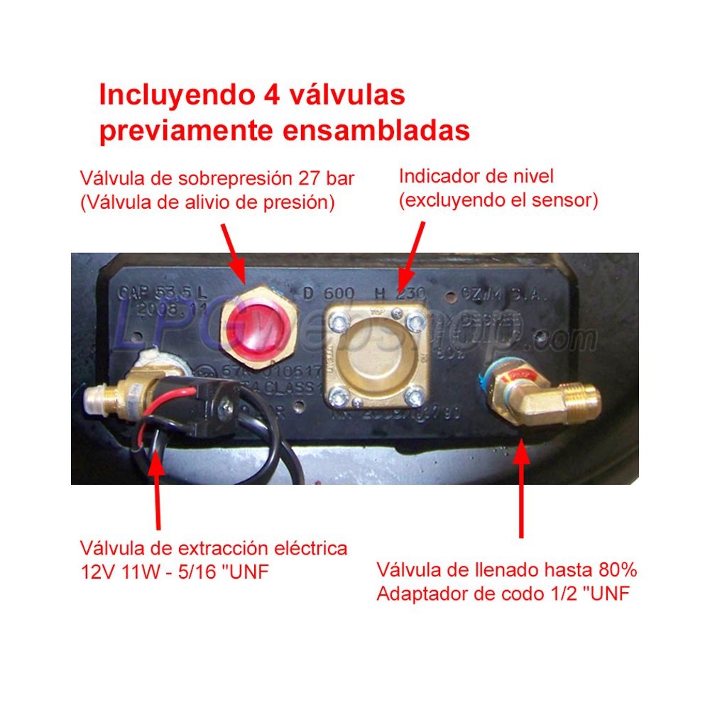Depósito GLP Cilíndrico de 50 l (Ø360 x 582) GZWM 4-Agujeros con Válvulas incluidas Depósito GLP Cilíndrico de 50 l (Ø360 x 582) GZWM 4-Agujeros con Válvulas incluidas