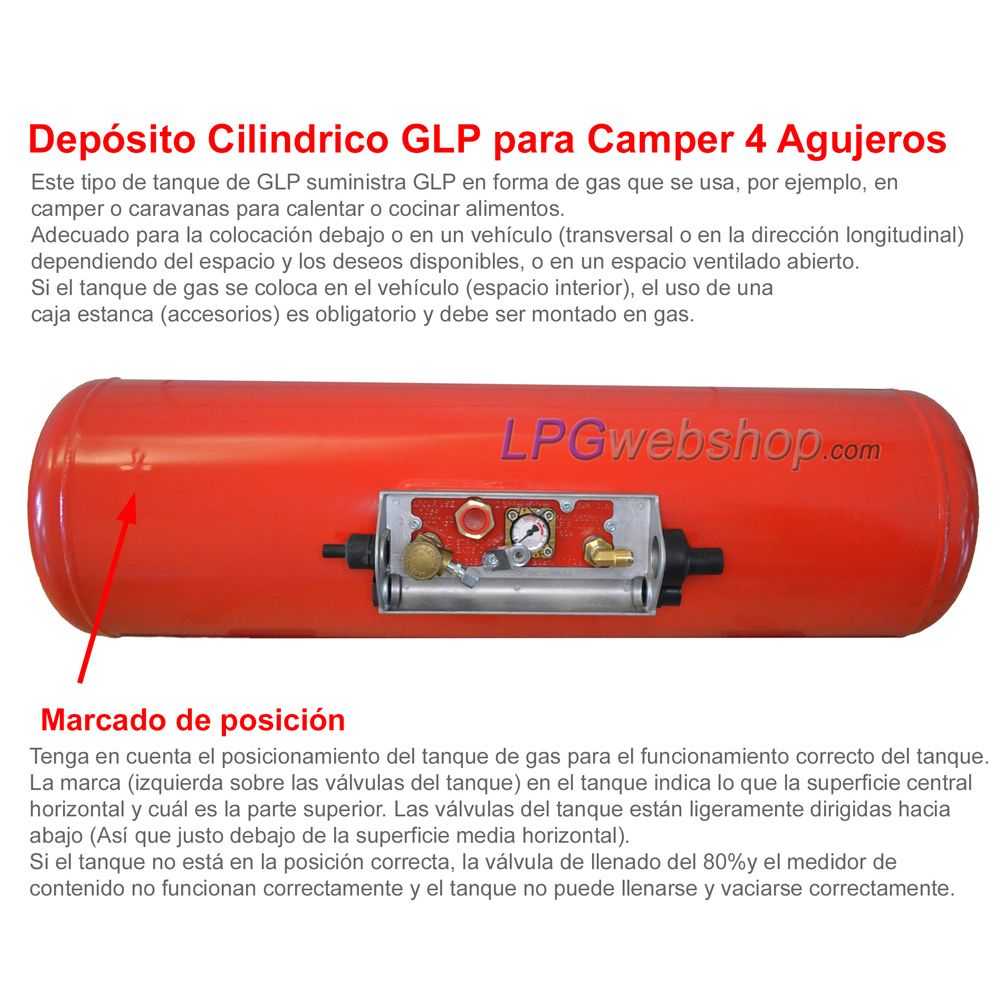 Depósito de GLP para autocaravana 16L (Ø200x585) cilíndrico 4 orificios GZWM - uso doméstico Depósito de GLP para autocaravana 16L (Ø200x585) cilíndrico 4 orificios GZWM - uso doméstico