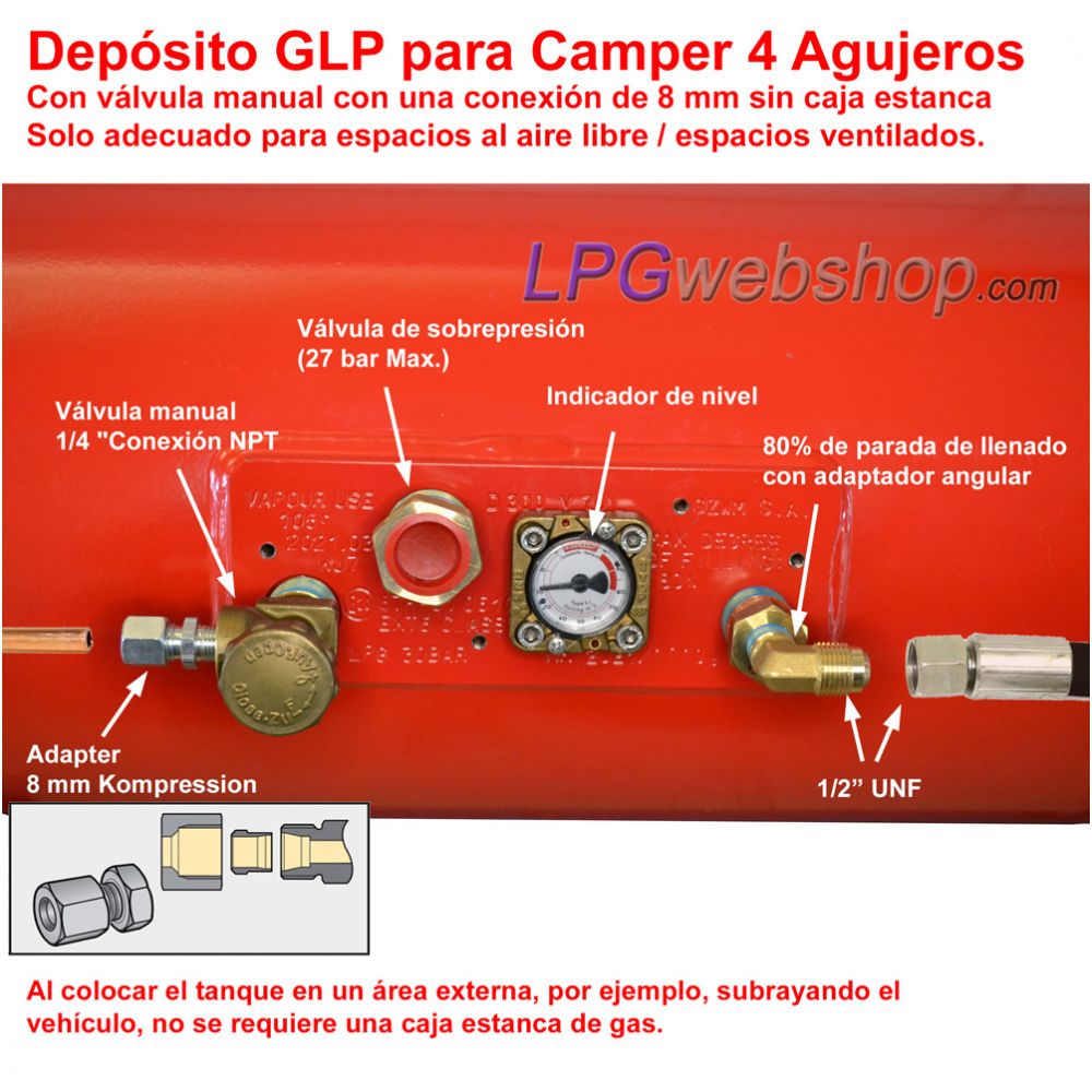 Depósito de GLP para autocaravanas 85L (Ø360x944) Cilíndrico 4 Orificios GZWM - Uso doméstico Depósito de GLP para autocaravanas 85L (Ø360x944) Cilíndrico 4 Orificios GZWM - Uso doméstico