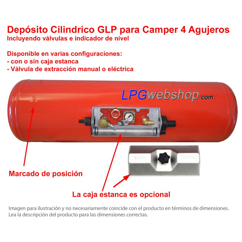 Depósito de GLP para autocaravanas 100L (Ø360x1099) Cilíndrico 4 Orificios GZWM - Uso doméstico Depósito de GLP para autocaravanas 100L (Ø360x1099) Cilíndrico 4 Orificios GZWM - Uso doméstico