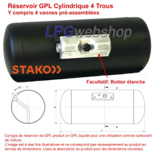 Réservoir GPL Cylindrique 70L (Ø360x789) STAKO 4 trous 52° compris les raccords