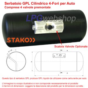 Serbatoio Bombola GPL Cilindrico di 230L (Ø450x1571) 4-Fori STAKO con Valvole incluse