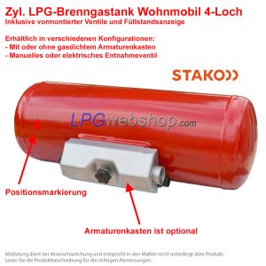 STAKO Zyl. LPG-Brenngastank 20L (Ø200x717) für Wohnmobil 4-Loch 67R inkl. Ventile