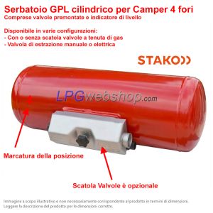Bombola (Serbatoio cil.) ricaricabile GPL per Camper 85L (Ø360x944) STAKO 4-fori 67R Valvole comprese - uso domestico
