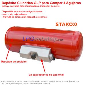Depósito cil. GLP para autocaravana 70L (Ø360x789) STAKO 4-Agujeros 67R válvulas incluidas - uso doméstico